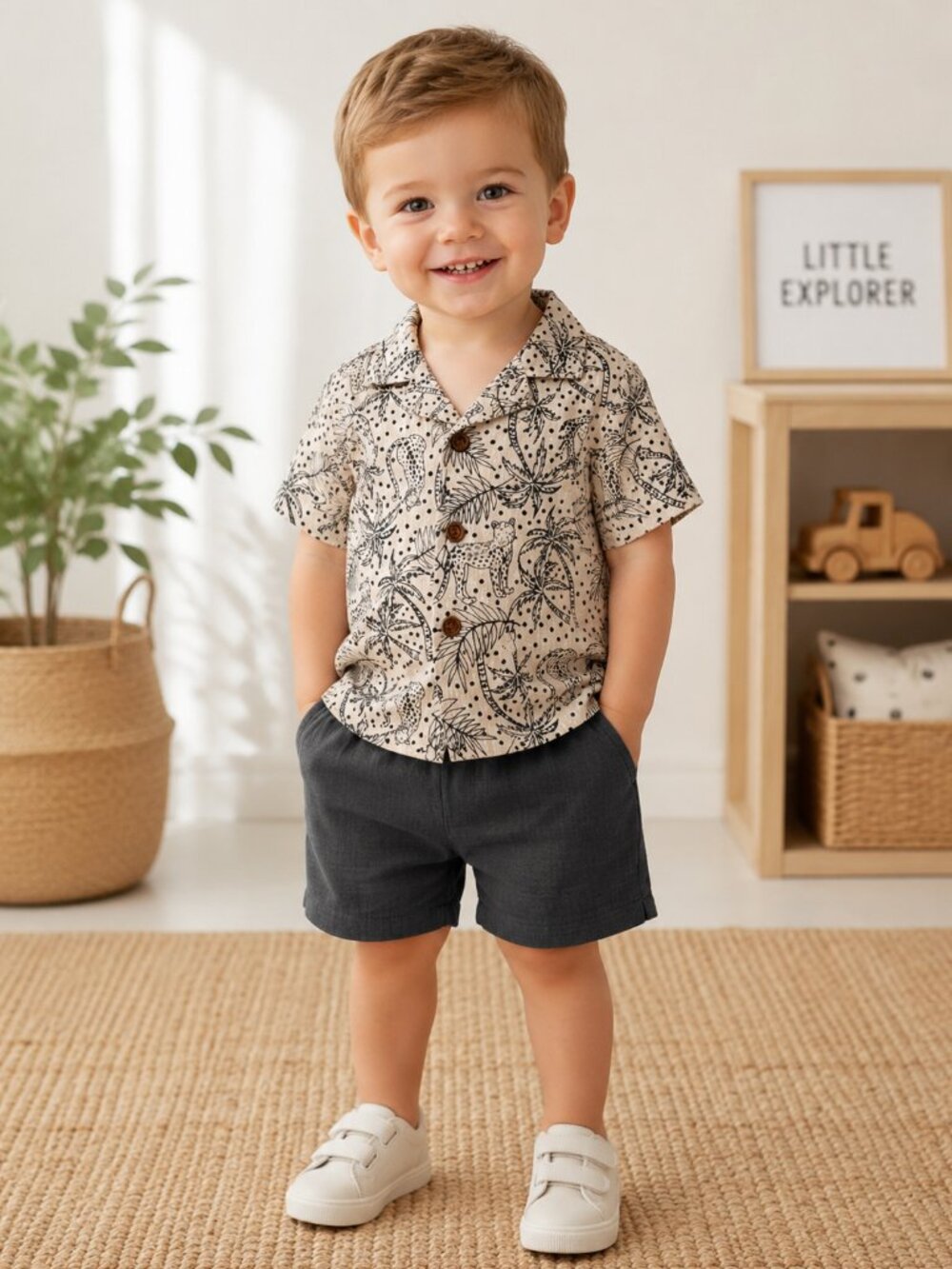 NWT Baby Essentials 2 Piece Toddler Boy Short Set Safari Print Shirt & Shorts - Picture 2 of 3